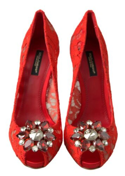 Pre-owned Dolce & Gabbana Dolce&gabbana Women Red Pumps Cotton Bend Floral Lace Peep Toe High Heel Shoes