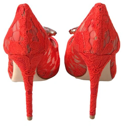 Pre-owned Dolce & Gabbana Dolce&gabbana Women Red Pumps Cotton Bend Floral Lace Peep Toe High Heel Shoes