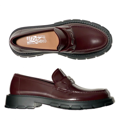 Pre-owned Ferragamo Magnum Brown 10 Ee Chunky Leather Welted Loafers Burgundy Slip-on In Red