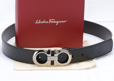Pre-owned Ferragamo Salvatore  Gancini Reversible Belt 35mm Black/hickory Silver Buckle In Multicolor