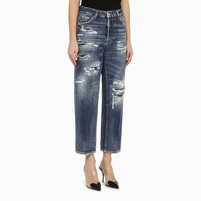 Shop Dsquared2 Navy Blue Washed Jeans With Wear