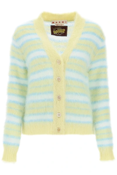 Shop Marni Cardigan In Striped Brushed Mohair