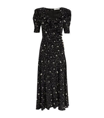 Shop Alessandra Rich Silk Floral Midi Dress In Black