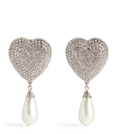 Shop Alessandra Rich Faux Pearl And Crystal Heart Clip-on Earrings In Silver