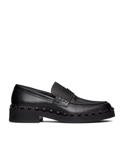 Shop Valentino Leather Rockstud Loafers In Black