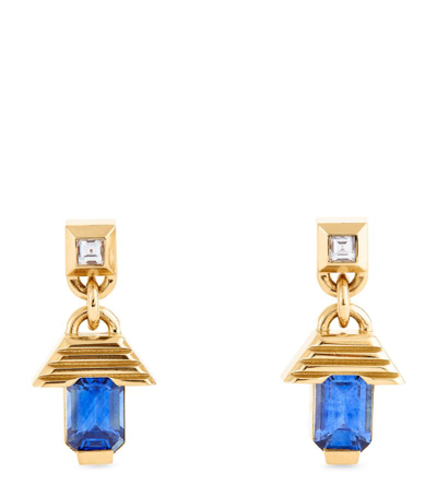 Shop Azlee Small Yellow Gold, Diamond And Sapphire Escalier Drop Earrings
