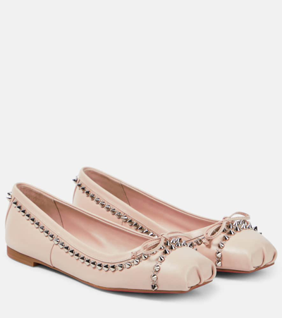 Shop Christian Louboutin Mamadrague Spikes Leather Ballet Flats In Beige