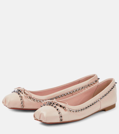 Shop Christian Louboutin Mamadrague Spikes Leather Ballet Flats In Beige
