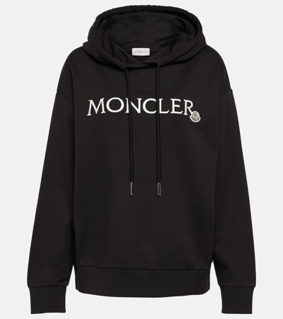 Shop Moncler Logo Cotton Jersey Hoodie In Black