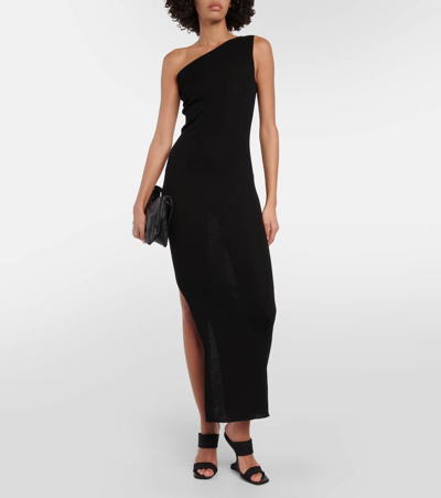 Rick Owens Athena Long Black Ribbed One Shoulder Dress In Wool In Black