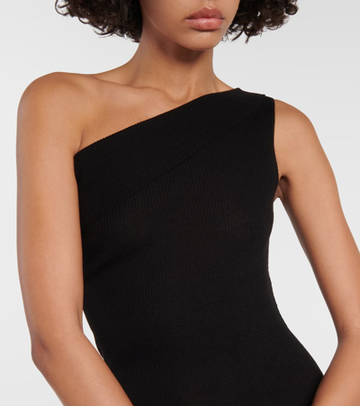 Rick Owens Athena Long Black Ribbed One Shoulder Dress In Wool In Black