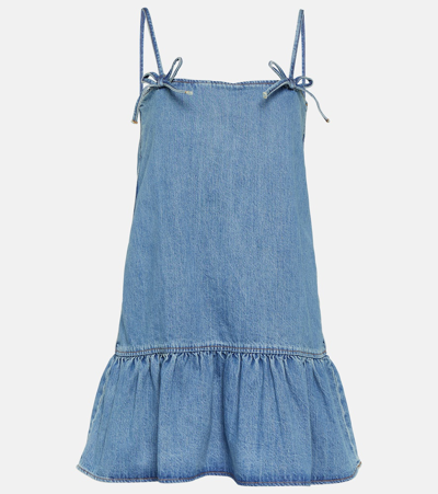 Ganni Blue Bows Denim Minidress In Blue