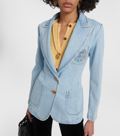 Shop Etro Embroidered Denim Blazer In Blue