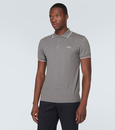 Zegna Piquet Polo Shirt Collar Sleeves In Gray