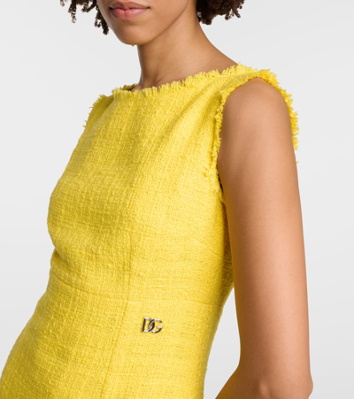 Shop Dolce & Gabbana Logo Cotton-blend Tweed Midi Dress In Yellow