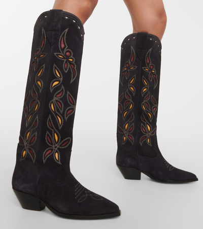 Isabel Marant Denvee Cutout Embroidered Leather-trimmed Suede Knee Boots In Black
