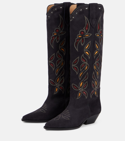 Isabel Marant Denvee Cutout Embroidered Leather-trimmed Suede Knee Boots In Black