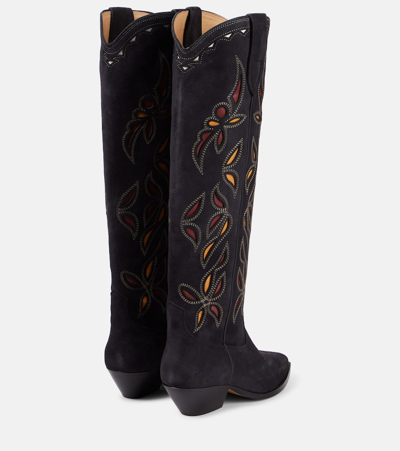 Isabel Marant Denvee Cutout Embroidered Leather-trimmed Suede Knee Boots In Black