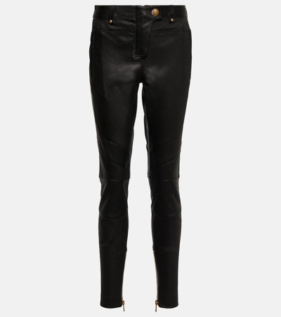 Shop Balmain Low-rise Leather Skinny Pants In Black