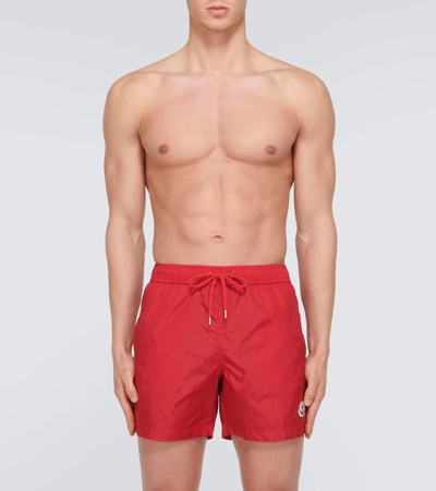 Shop Moncler Logo Swim Trunks In Red