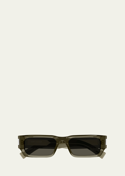 Shop Saint Laurent Men's Sl 660 Acetate Rectangle Sunglasses In Shiny Transparent
