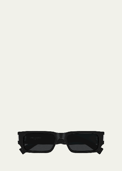 Shop Saint Laurent Men's Sl 660 Acetate Rectangle Sunglasses In Shiny Solid Black