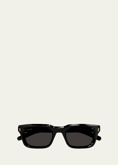 Shop Gucci Men's Acetate Rectangle Sunglasses In Shiny Black