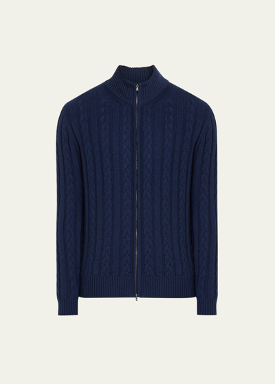 Shop Bergdorf Goodman Men's Cashmere Cable Zip Cardigan Sweater In Blue