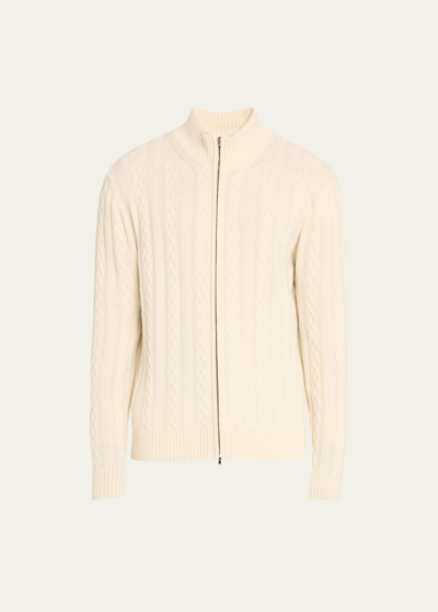 Shop Bergdorf Goodman Men's Cashmere Cable Zip Cardigan Sweater In Cream