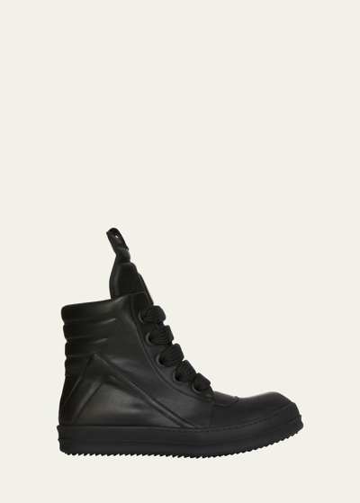 Shop Rick Owens Men's Geobasket Leather Jumbo-laced High-top Sneakers In Black