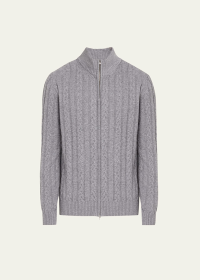 Shop Bergdorf Goodman Men's Cashmere Cable Zip Cardigan Sweater In Grey