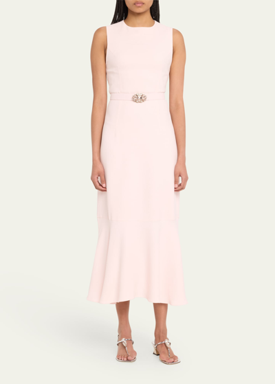 Shop Andrew Gn Flounce Hem Crystal Belted Midi Dress In Pink