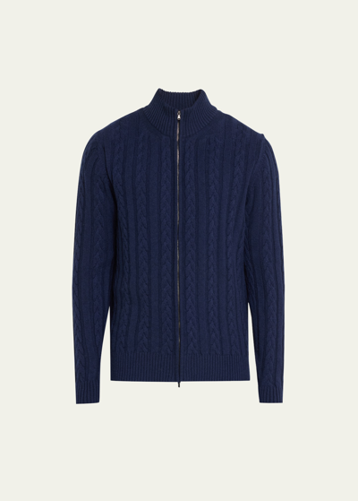 Shop Bergdorf Goodman Men's Cashmere Cable Zip Cardigan Sweater In Navy
