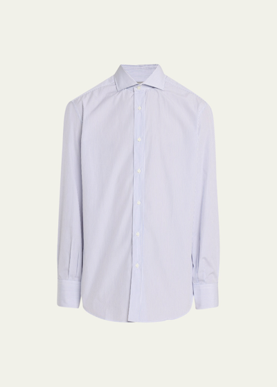 Shop Brunello Cucinelli Men's Micro-stripe Cotton Sport Shirt In C984 White Blue