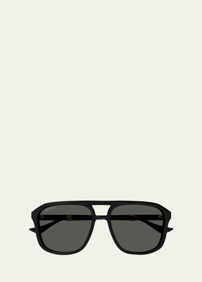 Shop Gucci Men's Double-bridge Acetate Aviator Sunglasses In Shiny Solid Black