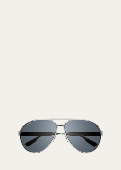 Shop Gucci Men's Double-bridge Metal Aviator Sunglasses In Shiny Silver