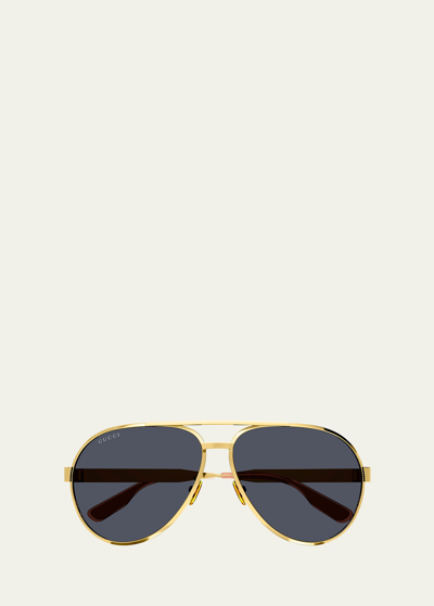 Shop Gucci Men's Double-bridge Metal Aviator Sunglasses In Shiny Yellow Gold