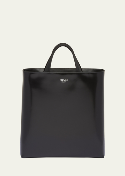 Shop Prada Men's Brushed Leather Tote Bag In F0002 Nero