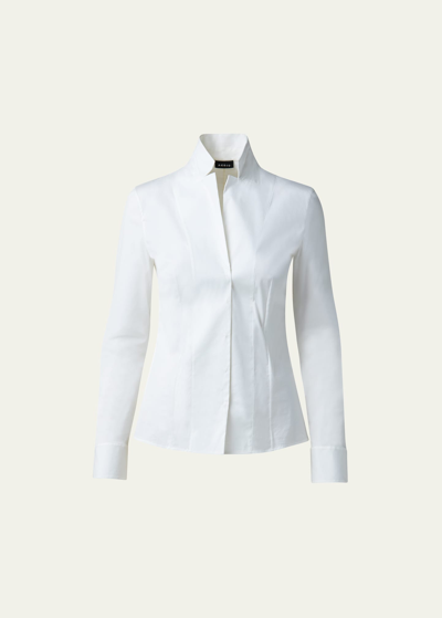 Shop Akris Long-sleeve Notched-collar Poplin Blouse In White