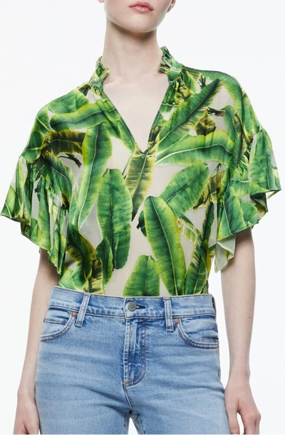 Shop Alice And Olivia Julius Palm Print Stand Collar Blouse In Sun Palm Off White