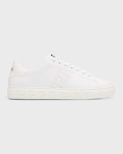 Shop Versace Men's La Greca Leather Low-top Sneakers In White White
