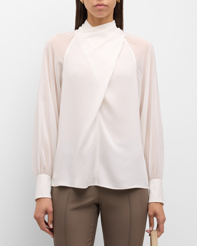 Shop Lafayette 148 Pleated Mock-neck Crossover Blouse In Cloud