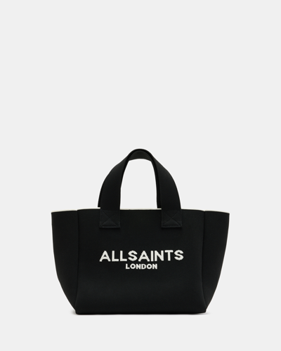 Shop Allsaints Izzy Logo Print Knitted Mini Tote Bagg In Black