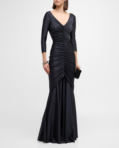 Shop Chiara Boni La Petite Robe Ruched Front-slit Mermaid Gown In Black