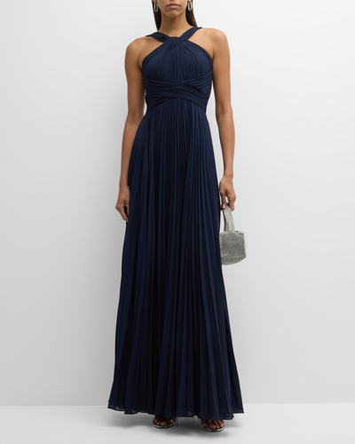 Shop Rickie Freeman For Teri Jon Pleated Twist-front A-line Halter Gown In Navy
