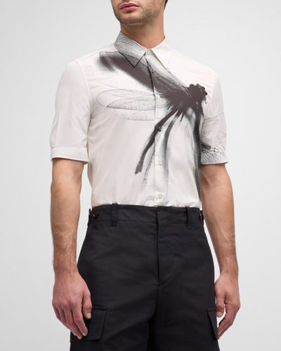Shop Alexander Mcqueen Men's Cotton Poplin Dragonfly Print Short-sleeve Shirt In Ivory/blac