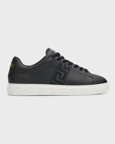 Shop Versace Men's La Greca Leather Low-top Sneakers In Black Black
