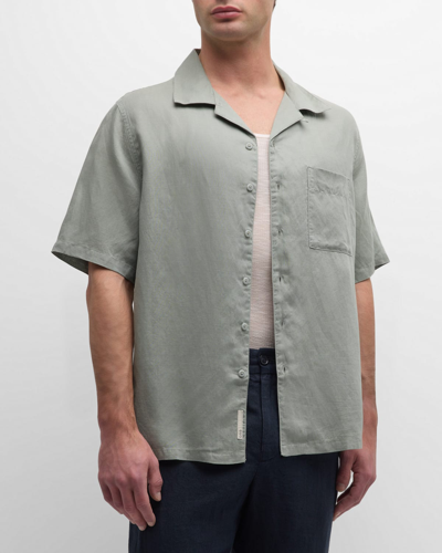 Shop Onia Men's Air Linen Convertible Collar Short-sleeve Shirt In Sage