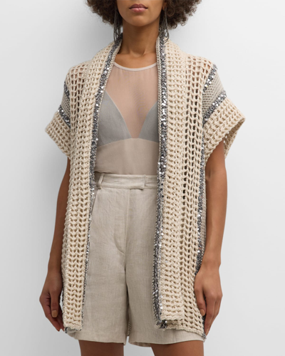 Shop Brunello Cucinelli Open-knit Long Net Cardigan With Paillette Detail In Cun69 Beige