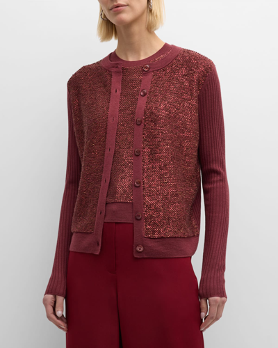 Shop St John Sequin Knit Crewneck Cardigan With Rib Back And Sleeves In Cranberry